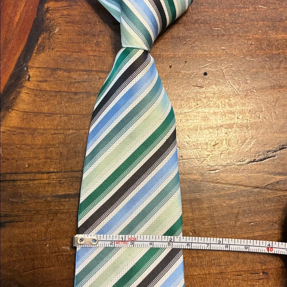 Boys green and blue and black striped neck tie clip on style